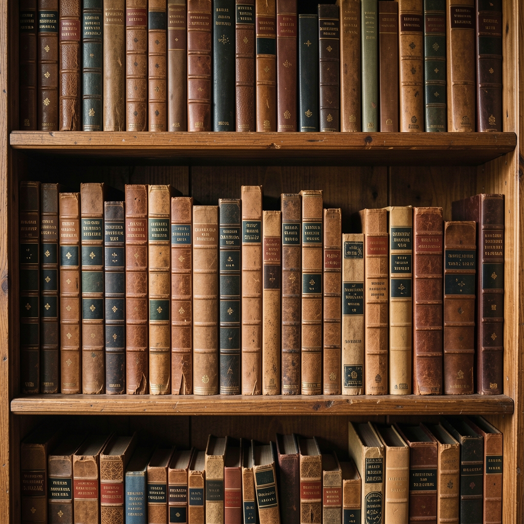 Estantería de biblioteca antigua con libros encuadernados en cuero sobre historia y astronomía