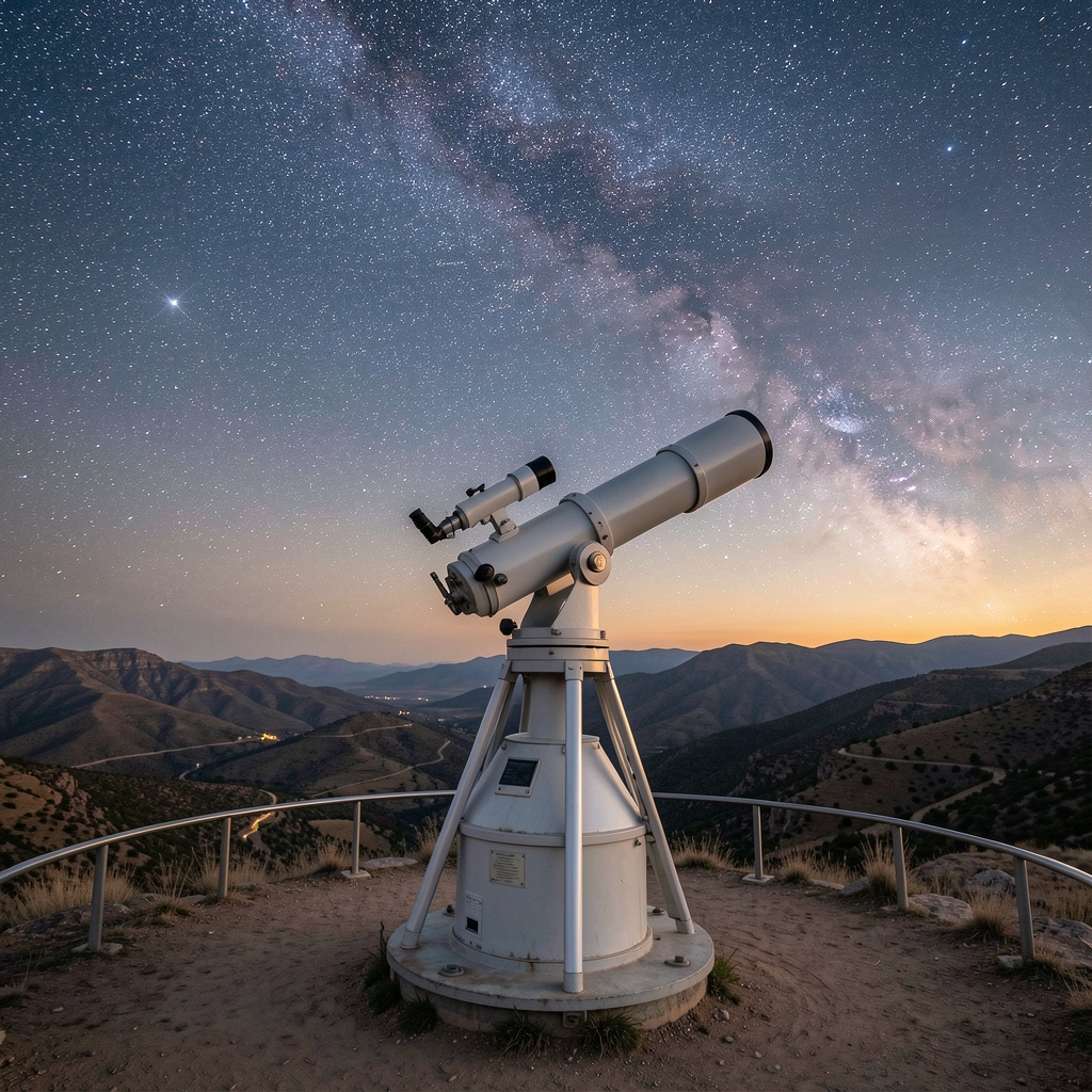 Telescopio apuntando al cielo nocturno estrellado desde un observatorio en las sierras de Córdoba