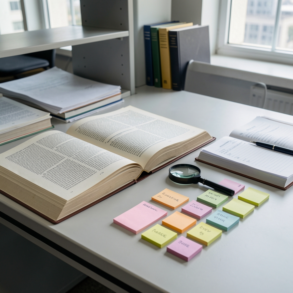 Mesa de investigación con libros abiertos, lupa y fichas de notas organizadas para análisis documental
