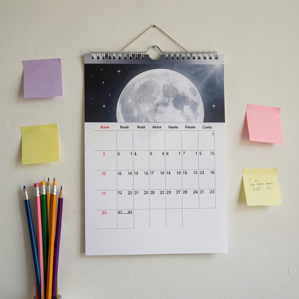 Calendario lunar de papel colgado en una pared junto a lápices de colores y notas adhesivas