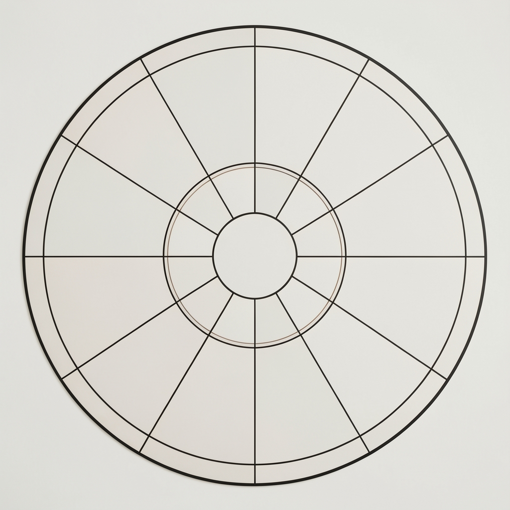 Diagrama circular gráfico minimalista representando una carta astral con divisiones de casas