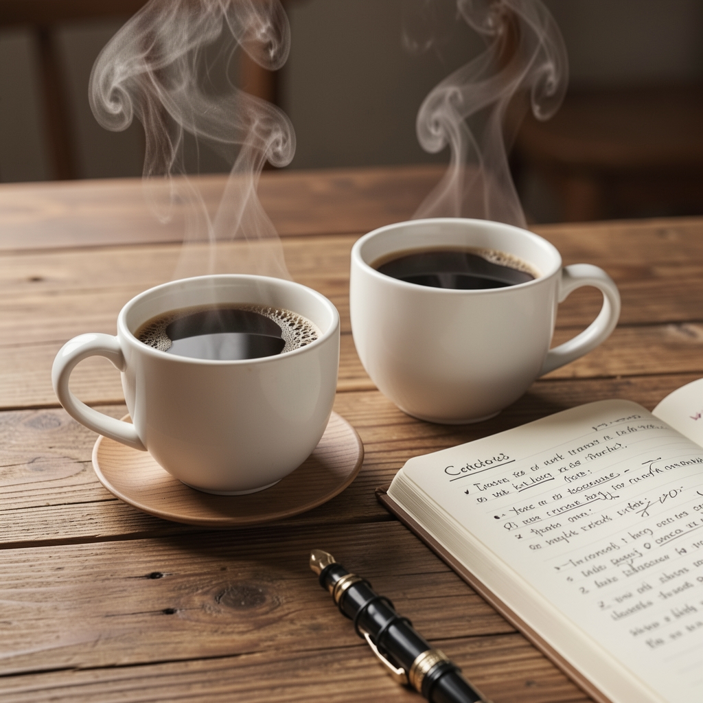 Dos tazas de café humeante sobre una mesa de madera junto a un cuaderno abierto con anotaciones