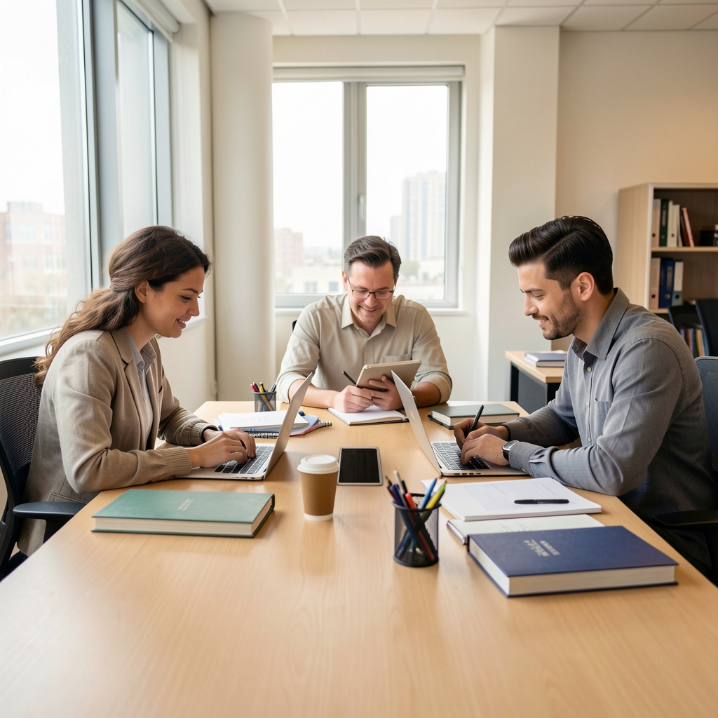 Equipo de tres personas trabajando alrededor de una mesa con libros y notebooks en una oficina luminosa