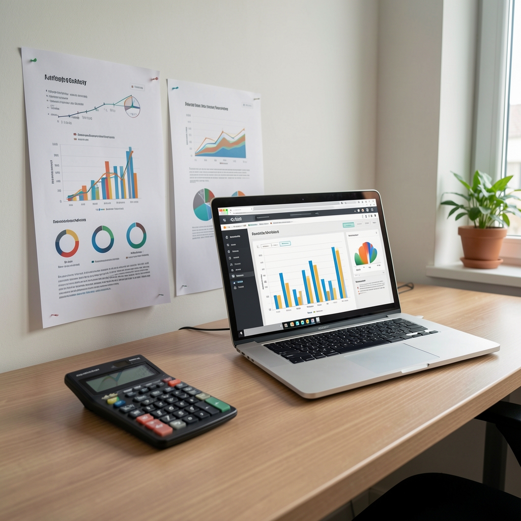 Escritorio de oficina con gráficos impresos, calculadora y laptop utilizados para análisis de datos