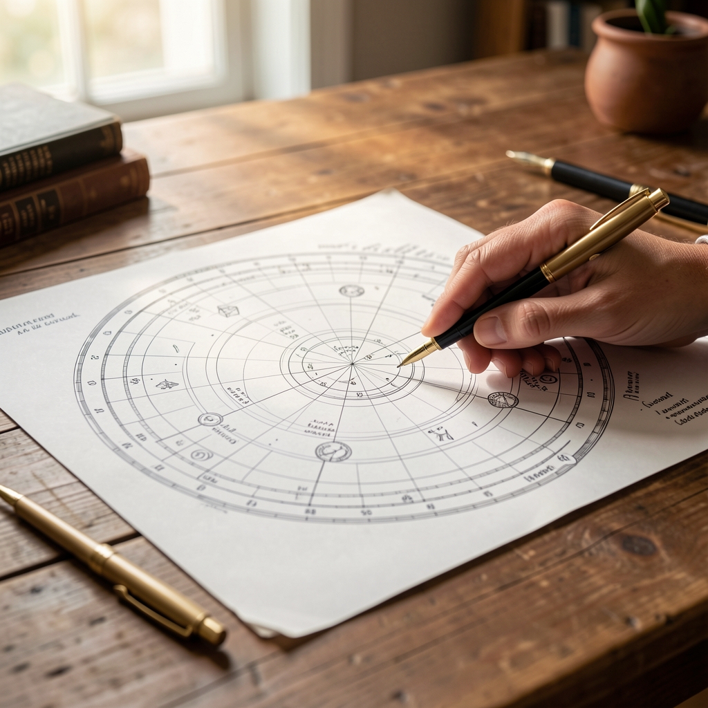 Astrólogo señalando diagramas circulares de una carta natal impresa sobre un escritorio de madera