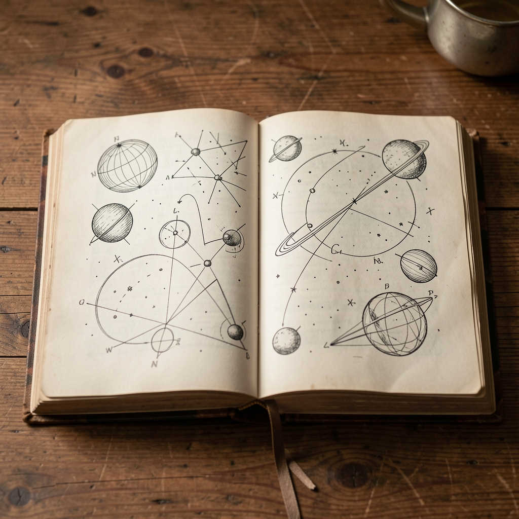 Libro antiguo abierto con ilustraciones astronómicas dibujadas a mano sobre una mesa de madera