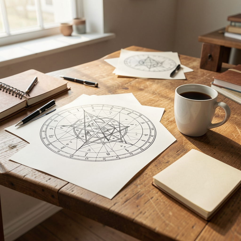 Mesa de trabajo con carta astral impresa, cuaderno de notas y taza de café en un estudio luminoso