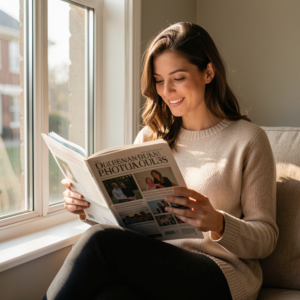 Persona leyendo una revista impresa sentada junto a una ventana con luz natural