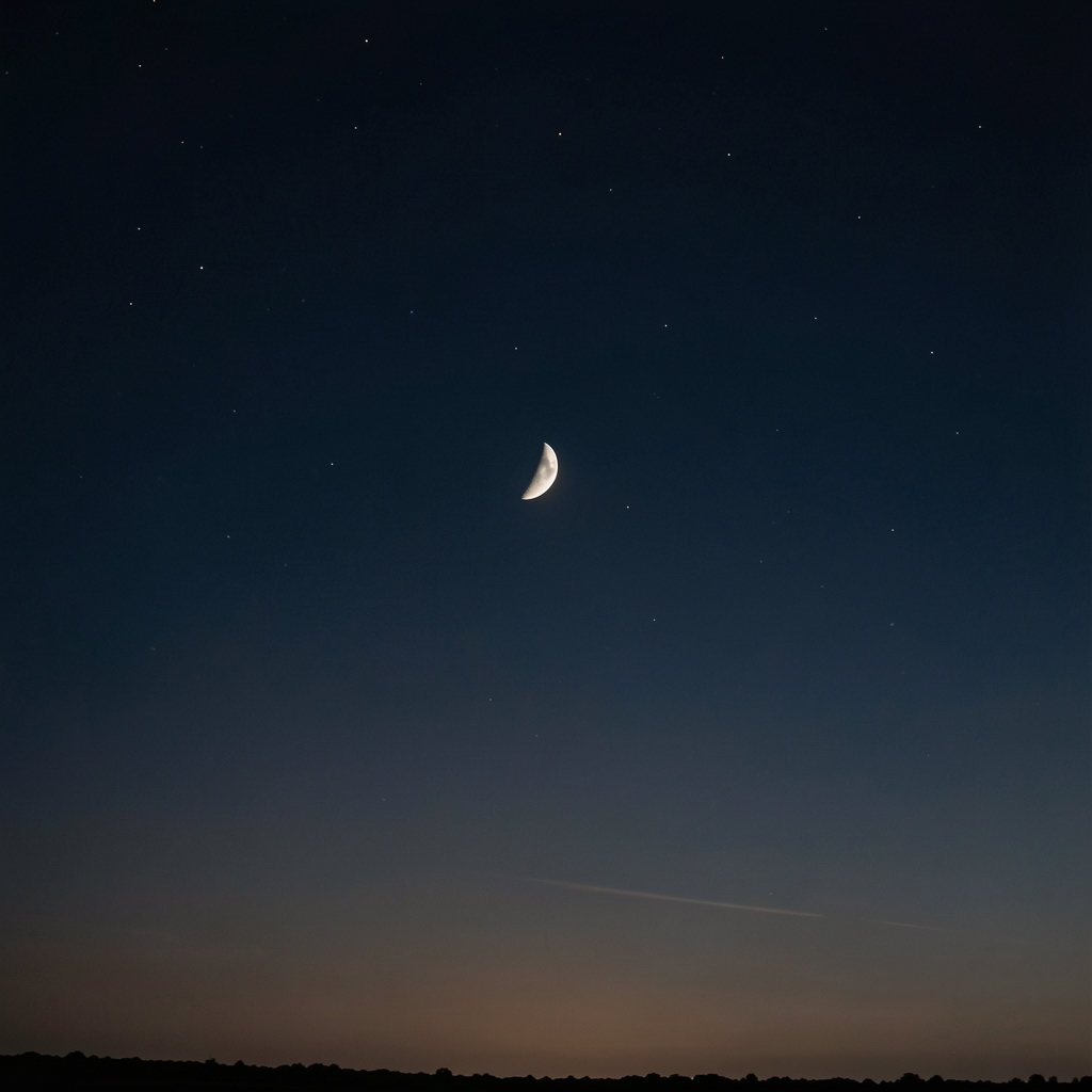 Cielo nocturno oscuro con una fina fase de luna creciente visible sobre el horizonte