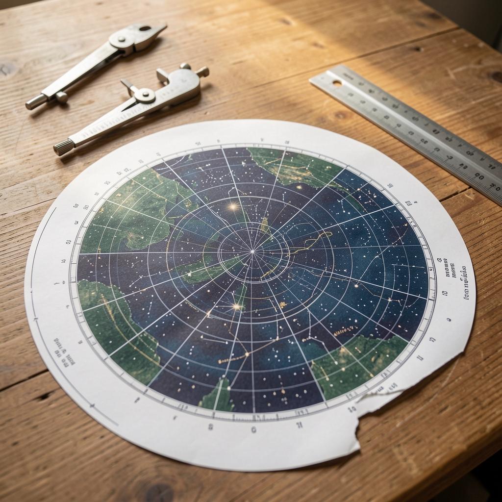Mapa estelar circular impreso sobre una mesa junto a un compás y una regla de dibujo técnico
