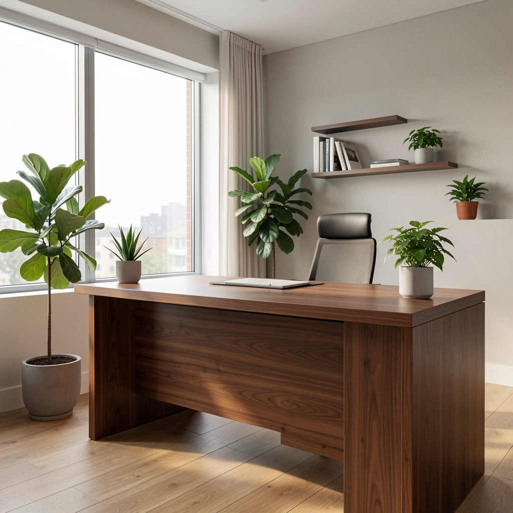 Recepción de oficina con escritorio de madera y plantas junto a una ventana luminosa