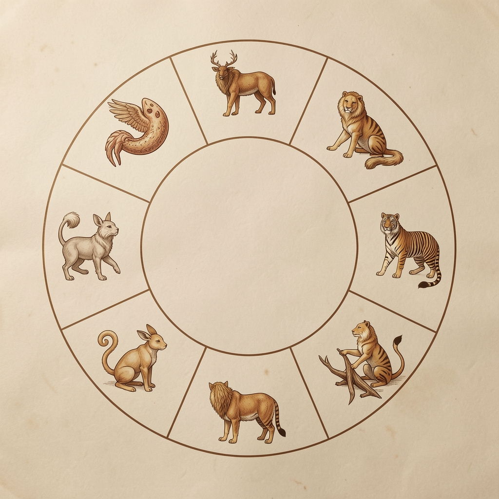 Ilustración impresa de los doce símbolos del zodiaco dispuestos en círculo sobre papel color hueso