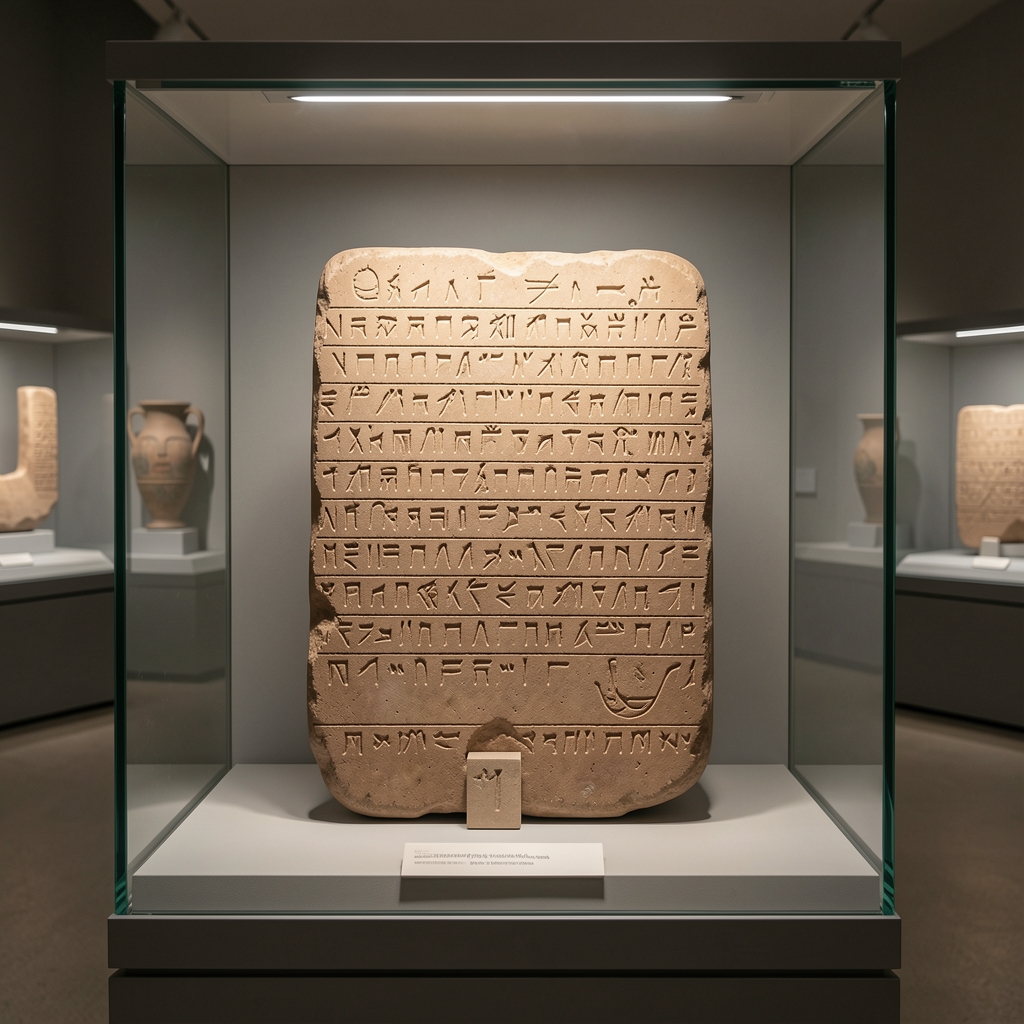Réplica de tablilla de arcilla con inscripciones cuneiformes iluminada en una vitrina de museo