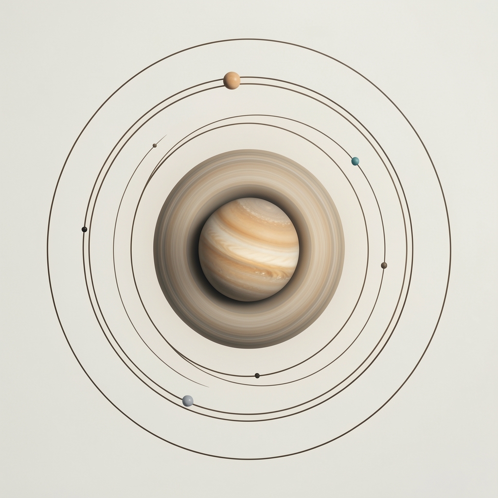 Ilustración gráfica minimalista de órbitas planetarias concéntricas sobre fondo claro