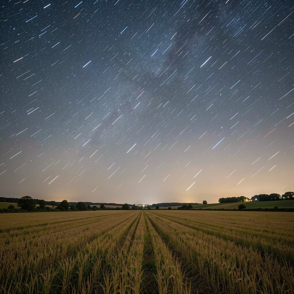 Fotografía de larga exposición del cielo nocturno mostrando el movimiento de estrellas sobre un horizonte rural